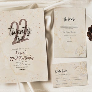 May include: A beige invitation card with a brown marble texture and gold flecks. The number 22 is written in brown with the words "twenty two" below it. The text "Join us to celebrate Emma's 22nd Birthday" is written in brown. The date, time, and location are listed below. The invitation is for a birthday party.