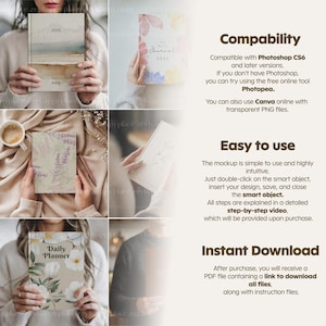 May include: A collection of mockups for journals and planners. The images showcase various designs, including watercolor landscapes, floral patterns, and lavender illustrations. The text on the images includes "2025", "Daily Planner", and "My Daily Journal".