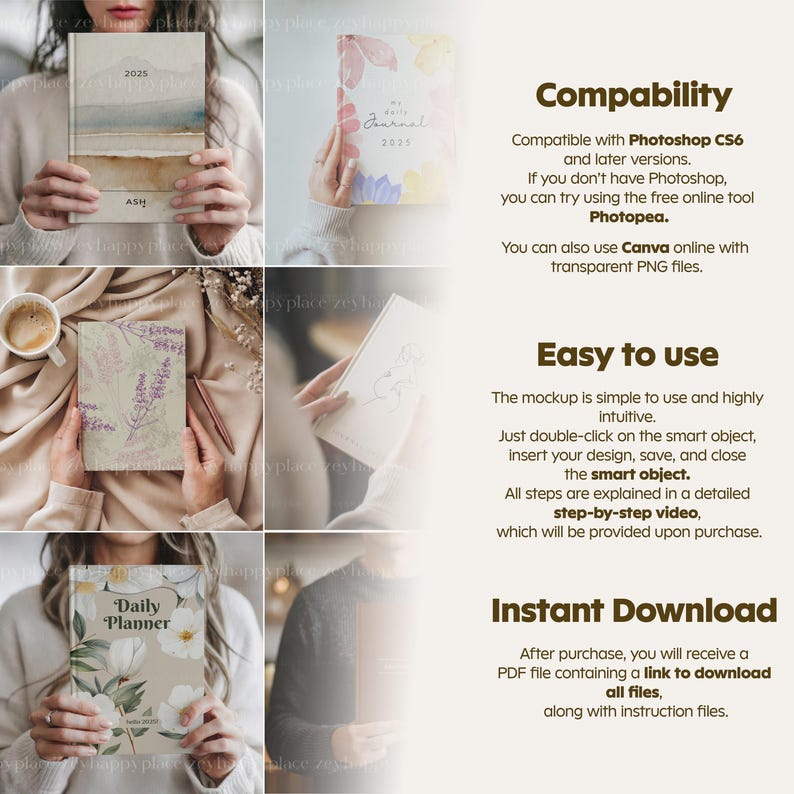 May include: A collection of mockups for journals and planners. The images showcase various designs, including watercolor landscapes, floral patterns, and lavender illustrations. The text on the images includes "2025", "Daily Planner", and "My Daily Journal".
