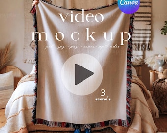 Videomodell av vävd filt, Canva-mall, videomodell, vävd jacquardfilt med fransar, Printfy, vävd plädmodell, filtvideo, MP4