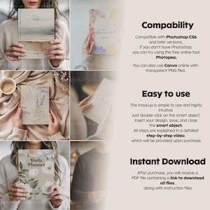 K&ouml;nnte beinhalten: Vier verschiedene Mockup-Bilder eines Planers mit verschiedenen Designs. Die Planer-Cover zeigen florale Muster, Aquarell-Designs und eine einfache Linienzeichnung. Der Text auf den Covern lautet "2025", "Mein t&auml;gliches Journal", "T&auml;glicher Planer" und "ASM".