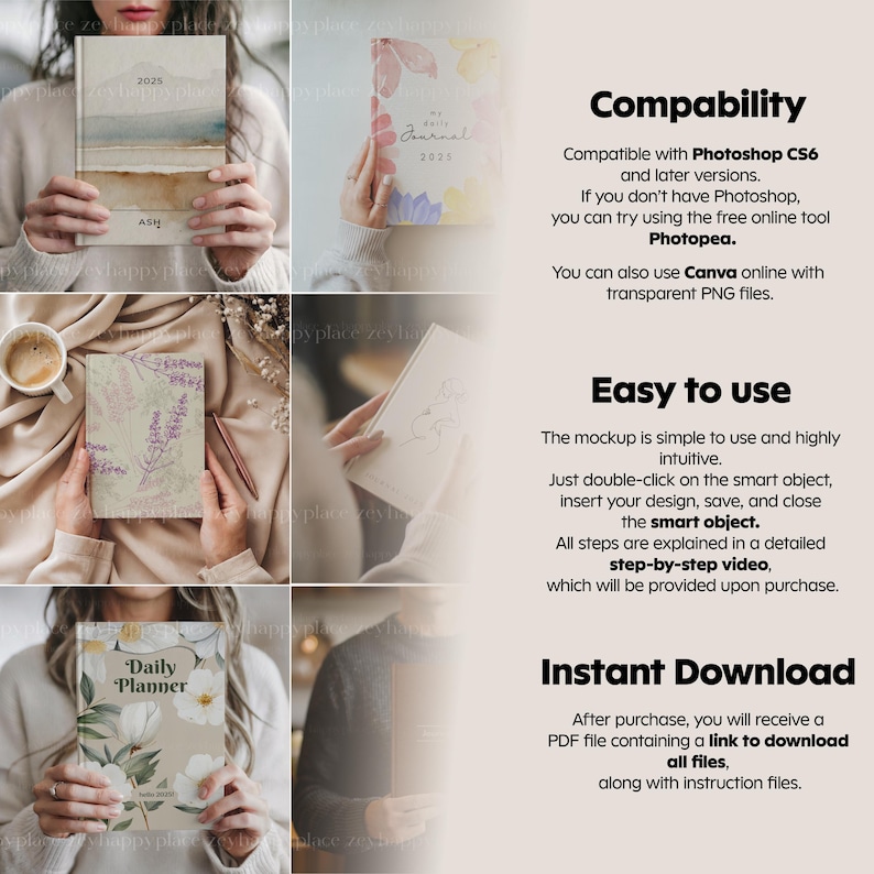 K&ouml;nnte beinhalten: Vier verschiedene Mockup-Bilder eines Planers mit verschiedenen Designs. Die Planer-Cover zeigen florale Muster, Aquarell-Designs und eine einfache Linienzeichnung. Der Text auf den Covern lautet "2025", "Mein t&auml;gliches Journal", "T&auml;glicher Planer" und "ASM".