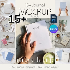 Peut inclure: Un ensemble de maquettes de journaux avec divers cahiers et agendas. L'image présente des cahiers avec les noms "JAMIE" et "OLIVIA", et le texte "my 2023 diary". Les mots "15+ Journal MOCKUP bundle" sont également visibles. Comprend des modèles Canva et PSD.