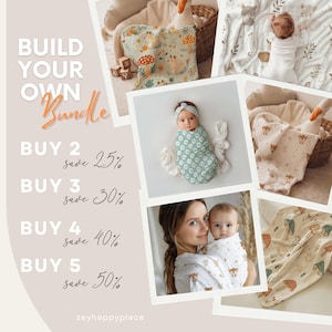 May include: Promotional image showcasing baby blankets with woodland and floral designs. The image includes a baby wrapped in a blanket, a mother holding a baby, and text that reads "BUILD YOUR OWN Bundle" with discount offers.