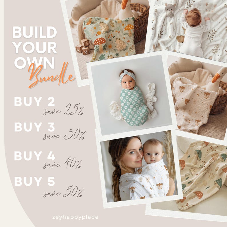 May include: Promotional image showcasing baby blankets with woodland and floral designs. The image includes a baby wrapped in a blanket, a mother holding a baby, and text that reads "BUILD YOUR OWN Bundle" with discount offers.