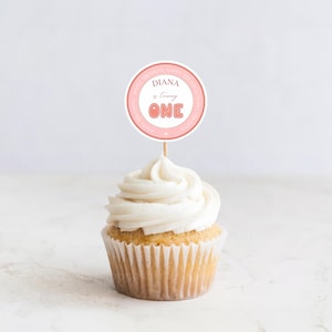 May include: Pink and white cupcake topper with the text "Diana is turning ONE" in a pink circle. The topper is on a cupcake with white frosting.