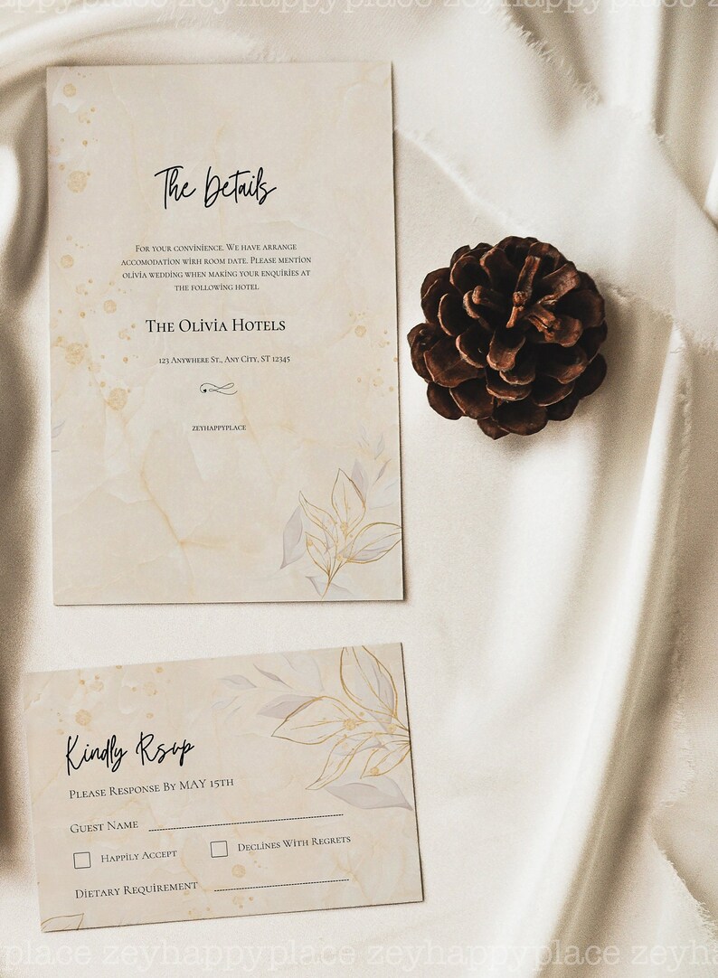 May include: A beige wedding RSVP card with a floral design. The card has a section for the guest's name, a checkbox for happily accept, a checkbox for declines with regrets, and a space for dietary requirements. The text "Kindly RSVP" and "Please response by May 15th" is printed on the card.
