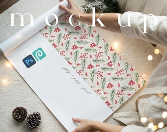Christmas Wrapping Paper Mockup Rolled Gift Paper Mockup PSD Wrapping Paper Flatlay Gift Wrap Roll Mockup Holiday Paper Pattern Mockup PSD