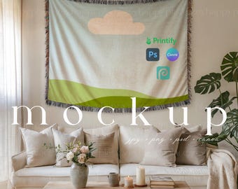 Horizontal Woven Blanket Mockup Minimalist Woven Wall Hanging Landscape Mockup Wall Tapestry Throw Boho Aesthetic Blanket Canva Template PSD