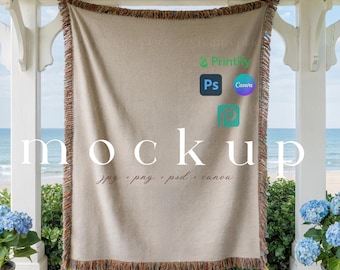 Maqueta de manta tejida, maqueta de manta de tapiz tejida, maqueta de manta tejida con flecos de Jacquard de Canva, Gooten, Printfy, tema de verano, maqueta de manta tejida en Photoshop