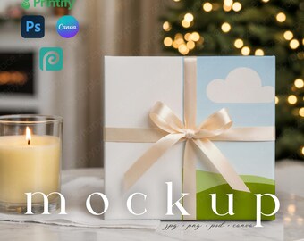 Minimalist Christmas Wrapping Paper Mockup Gift Paper Mockup Canva Gift Wrap Box Mockup PSD Holiday Wrapped Present Box Mockup Drag&Drop
