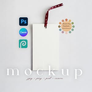 May include: A white rectangular mockup tag with a red and white heart-patterned ribbon. The word "mockup" is displayed in a delicate font, with "jpg, png, psd, canva" below. Icons for Photoshop, Canva, and a design platform are also visible.
