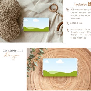 May include: Mockup of a chocolate bar wrapper with a green and blue landscape design. The wrapper is on a wooden surface with a green plant in the background. The text "ZEYHAPPYPLACE Designs" is visible in the image.