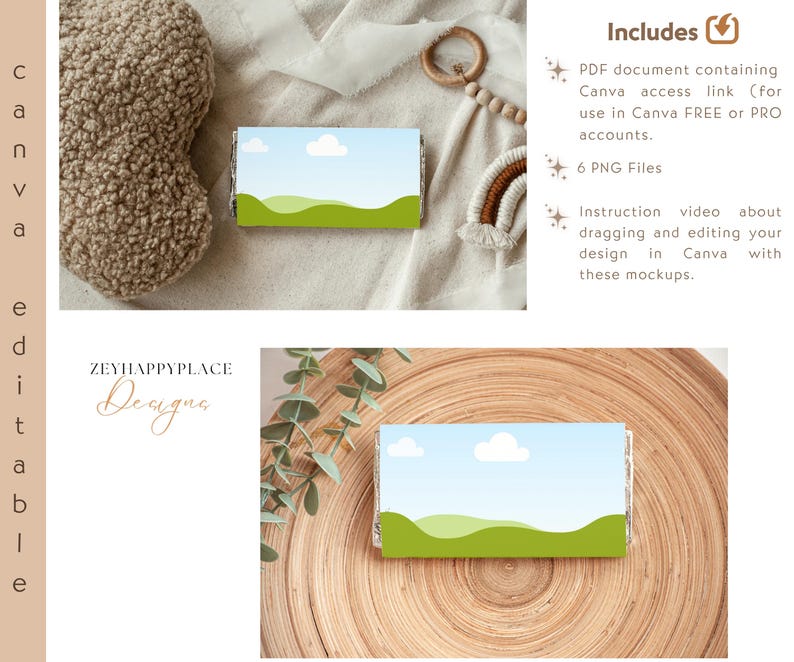 May include: Mockup of a chocolate bar wrapper with a green and blue landscape design. The wrapper is on a wooden surface with a green plant in the background. The text "ZEYHAPPYPLACE Designs" is visible in the image.