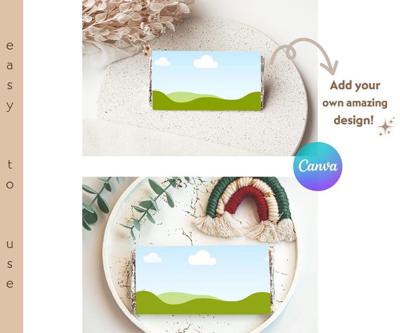 May include: Two images showing a blank printable template for a chocolate bar wrapper. The template features a green grassy field with a blue sky and white clouds. The text "Add your own amazing design!" is written in a white box with a sparkle. The text "Canva" is written in a blue and purple box.