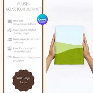 May include: A plush velveeteen blanket in a folded presentation, featuring a light blue top section, a wavy green middle, and a darker green bottom. The blanket is held by two hands. Text on the left side reads "PLUSH VELVETEEN BLANKET".