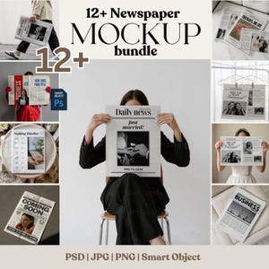 May include: A collection of 12+ newspaper mockup designs. The image displays several newspaper mockups with headlines such as "Daily News" and "Just Married!" in monochrome. The bundle includes PSD, JPG, and PNG files with smart object functionality.
