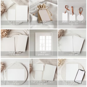 May include: A flat lay mockup featuring various sizes of blank cards and tags, a poster frame, and a phone on a light beige surface. The cards are in different sizes, including 5x7 inches, 4x9 inches, and 3.5x5 inches. The tags are 2x3.5 inches. The poster frame is 8x10 inches. The phone is 5x7 inches and 1125x2438 pixels. The background is a light beige fabric with some dried flowers.