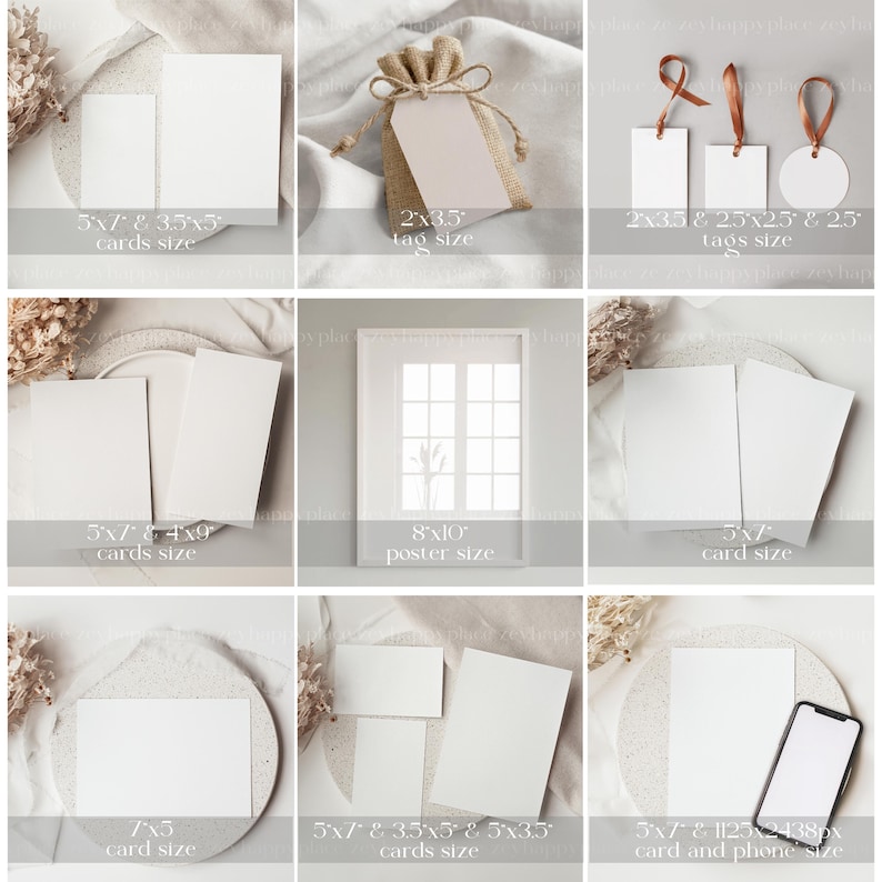 May include: A flat lay mockup featuring various sizes of blank cards and tags, a poster frame, and a phone on a light beige surface. The cards are in different sizes, including 5x7 inches, 4x9 inches, and 3.5x5 inches. The tags are 2x3.5 inches. The poster frame is 8x10 inches. The phone is 5x7 inches and 1125x2438 pixels. The background is a light beige fabric with some dried flowers.