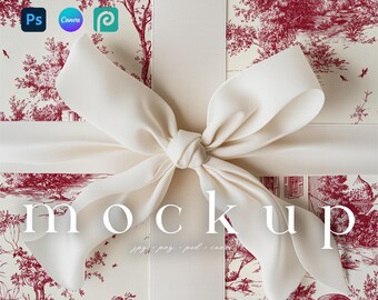 Gift Wrapper Mockup Zoom In White Bow Mockup Minimalist Gift Wrapping Mockup Canva Present Packaging Mockup PSD Holiday Gift Wrappper Mockup