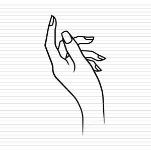 Può includere: Un disegno in bianco e nero di una mano con le dita estese e leggermente piegate.