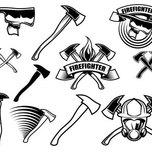 May include: Black and white illustrations of firefighter axes. The illustrations include a variety of axe designs, including crossed axes, axes with flames, and axes with firefighter helmets. The text "FIREFIGHTER" appears on some of the illustrations.