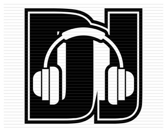 Op de afbeelding: Zwart-wit grafisch ontwerp van de letters "DJ" met koptelefoon in de letters.