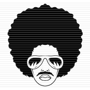 May include: Black and white graphic of a person with a large afro, sunglasses, a mustache, and a defined mouth. The image is a simple, stylized illustration, perfect for retro or vintage-themed designs.