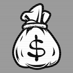 May include: A black and white illustration of a money bag with a dollar sign on the front.