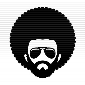 May include: Black and white silhouette of a person with an afro hairstyle, sunglasses, and a beard.