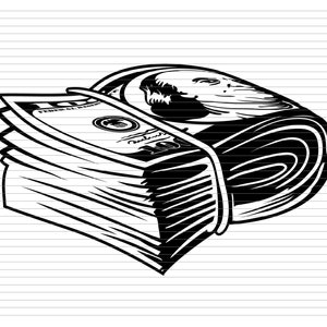 Può includere: Un'illustrazione in bianco e nero di una pila di banconote da un dollaro americano arrotolate. Le banconote sono legate con una fascia e presentano il ritratto di George Washington.
