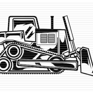 Può includere: Illustrazione in bianco e nero di un bulldozer con una grande lama. Il bulldozer ha un grande sistema di cingoli dettagliato e un braccio sollevato.