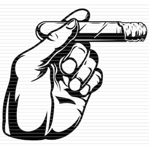 May include: A black and white illustration of a hand holding a cigar.