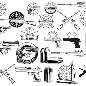 銃 SVG バンドル、銃のクリップアート、武器 SVG、ピストル SVG、交差した銃、銃のシルエット、軍用銃 SVG、リボルバー SVG、銃カット ファイル、d583