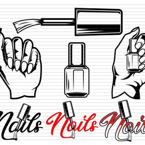 Può includere: Illustrazione in bianco e nero di una mano che tiene una bottiglia di smalto per unghie. La parola "Nails" è scritta tre volte in corsivo rosso.