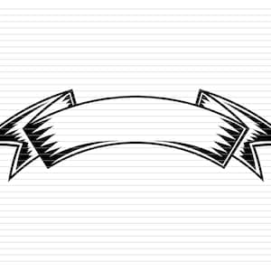May include: A black and white hand-drawn banner with a curved shape and pointed ends. The banner is blank and ready for text.
