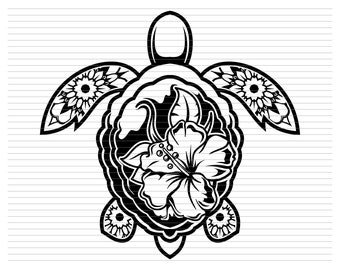 May include: Black and white line art illustration of a turtle with a hibiscus flower on its shell. The turtle has a detailed design with intricate patterns on its shell and legs.