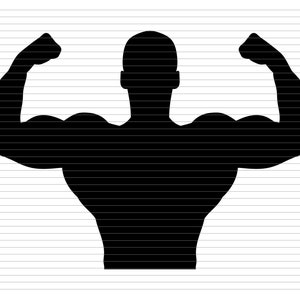 Può includere: Silhouette nera di una persona muscolosa che flette i bicipiti. La figura è mostrata dalla vita in su, con le braccia alzate e i muscoli ben in mostra. Lo sfondo è una serie di linee orizzontali.