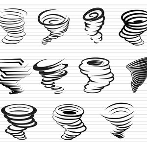 Puede incluir: Un conjunto de 10 ilustraciones en blanco y negro de tornados en varios estilos. Las ilustraciones están dibujadas en un estilo gráfico simple y serían adecuadas para su uso en una variedad de proyectos de diseño.