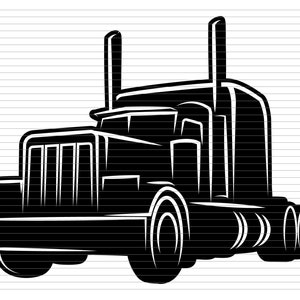 May include: Black and white silhouette of a semi-truck with a large cab and a long trailer.