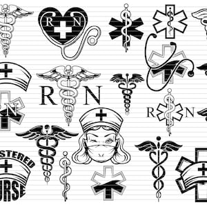 May include: Black and white vector illustrations of the medical symbol, the caduceus, and the Star of Life. The illustrations include variations of the symbols with wings, hearts, and the letters RN. The illustrations are perfect for use in medical-themed designs.