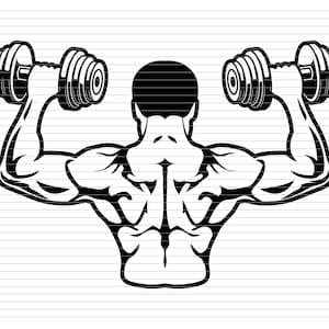 May include: Black and white illustration of a person lifting weights. The person is facing away from the viewer and has their arms raised above their head, holding dumbbells in each hand.
