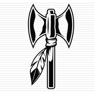 May include: Black and white illustration of a tomahawk. The axe head has two curved blades. The handle is wrapped with a band and a feather is attached to the handle.