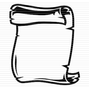 Può includere: Un'illustrazione in bianco e nero di un rotolo arrotolato con uno spazio vuoto per il testo.