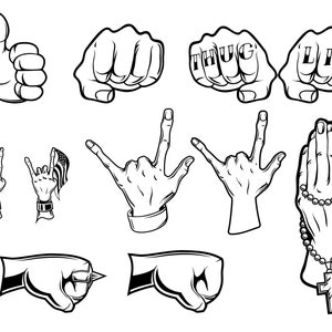 HANDS SVG BUNDLE, tumb up hand, horn hand, rock hand, hand gesture, hand clipart, gesture svg, hand sign, punch svg, praying hands, d584
