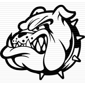 May include: Black and white illustration of a bulldog's head with a spiked collar. The bulldog has a fierce expression with its mouth open and teeth showing.