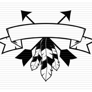 Può includere: Illustrazione in bianco e nero di uno stendardo con due frecce che puntano verso l'esterno, con un gruppo di piume al centro.