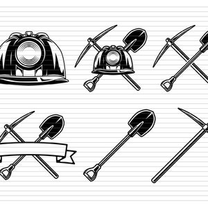 May include: Black and white illustration of a miner's helmet, pickaxe, and shovel. The tools are crossed and the helmet has a headlamp.