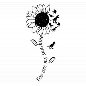 Può includere: Illustrazione in bianco e nero di un girasole con il testo "You are my sunshine" scritto intorno. Il girasole ha una silhouette di dinosauri attorno al centro.