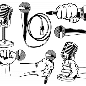 May include: A set of six black and white illustrations of microphones. The illustrations include a vintage microphone on a stand, a handheld microphone, and a microphone being held by a hand.